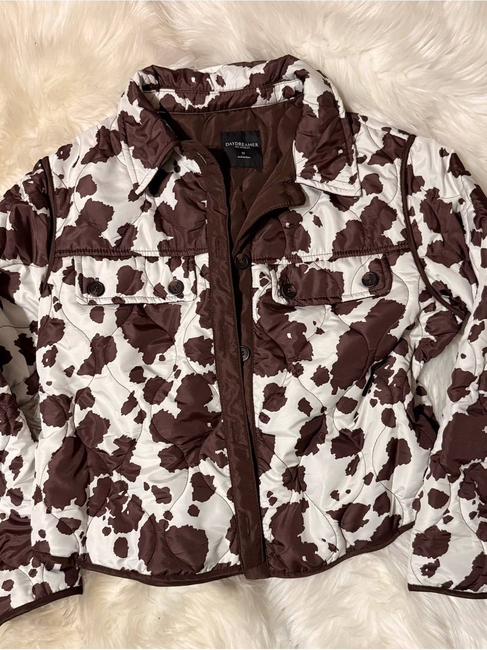 Daydreamer Brown & White Quilted Cow-Print Puffer Jacket